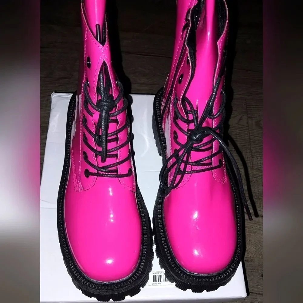 Ladies Neon Pink Combat Boots sz 8